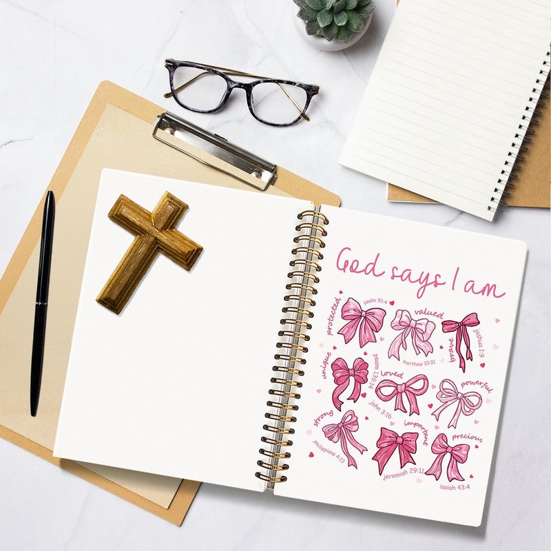 WLIANG Coquette Pink Bow Christian Notebook, God Says I am Christian Journal for Women, Bible Journal, Church Notes Notebook, Hardcover Spiral Notebook Journal 80 Sheets -160 Pages 5.5x8.3 Inch - Image 5